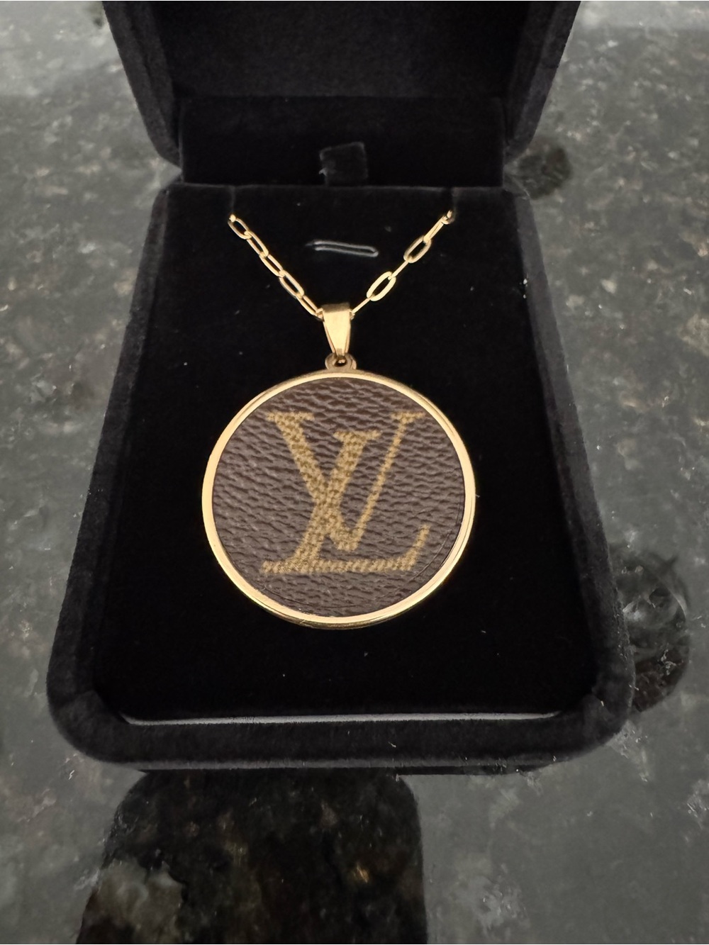 Upcycled Louis Vuitton Gold and Brown Monogram Round Pendant Necklace